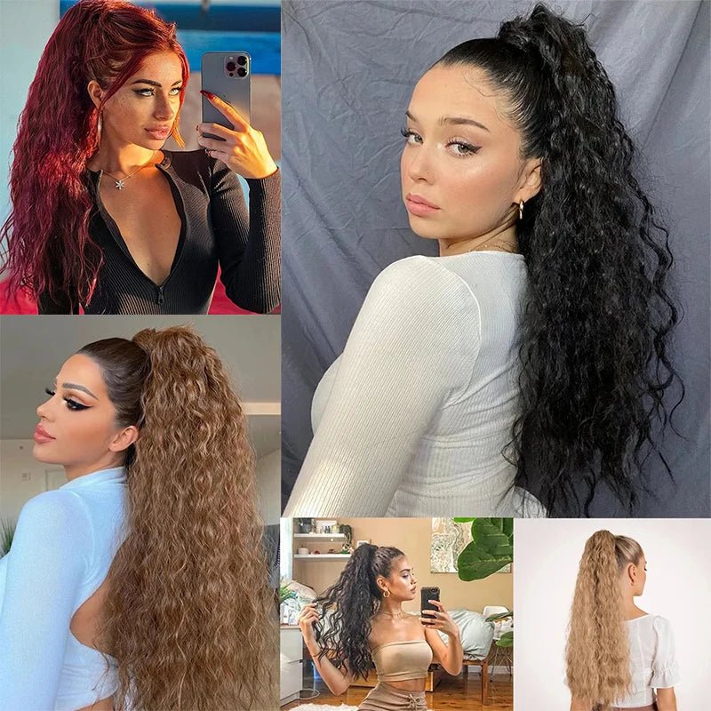 Collage of long, curly ponytail extensions in various colors. Synthetic hairpiece attached in high ponytail.