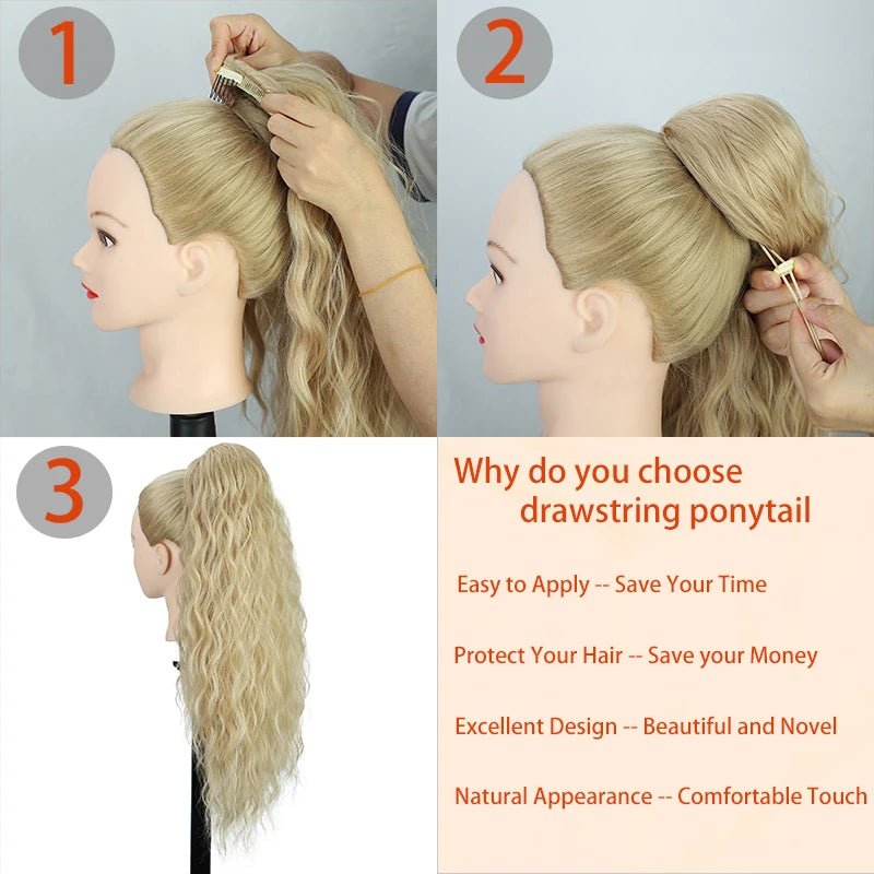 Blonde curly drawstring ponytail extension: steps to attach, and benefits like saving time and protecting hair.