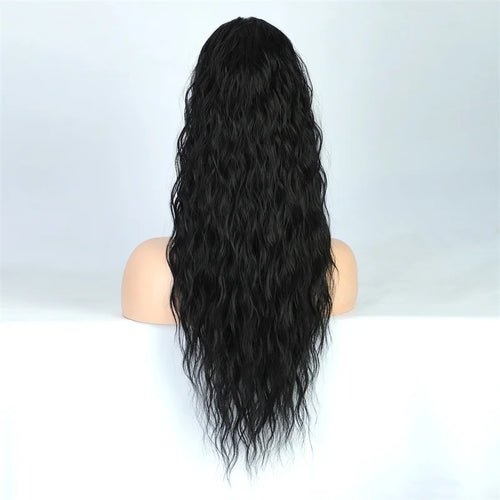 Long black curly wavy ponytail extension made of synthetic fiber.