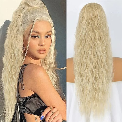 Blonde curly wavy long ponytail extension for black women, synthetic hair.