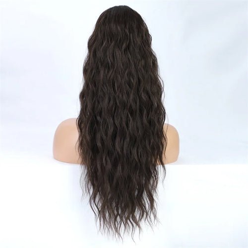 Long, wavy brown ponytail extension made of synthetic fiber.