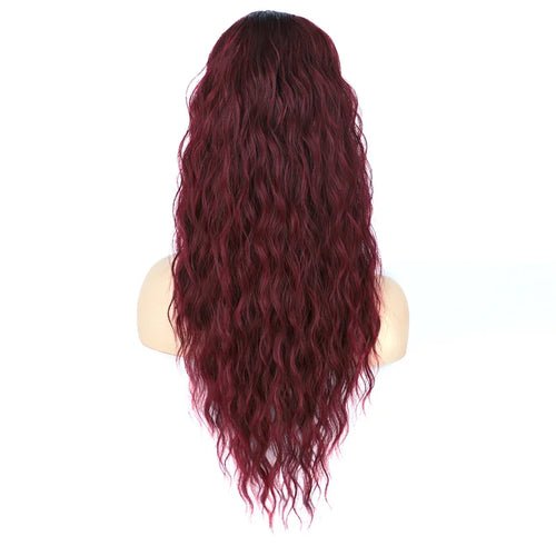 Burgundy wavy long ponytail extension for black women, synthetic hair.