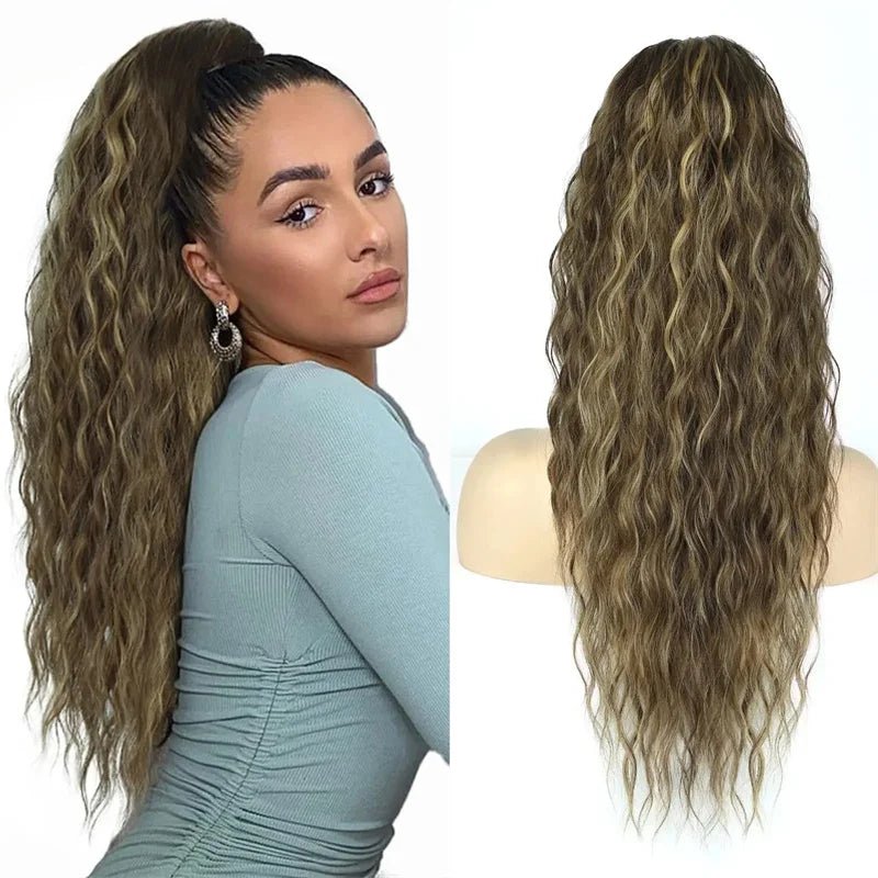 Wavy brown ponytail extension. Long, curly, synthetic hairpiece for versatile styling.