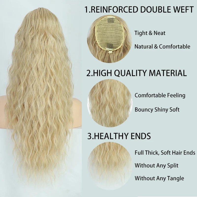 Blonde curly wavy ponytail extension. Features: reinforced weft, high-quality material, healthy ends, and tangle-free.