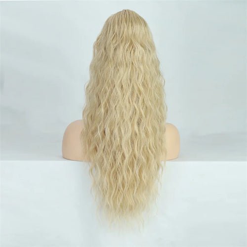 Blonde wavy long ponytail extension made of synthetic fiber.