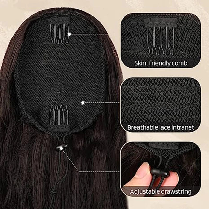 Curly wavy ponytail extension for black women featuring breathable lace, skin-friendly comb, and adjustable drawstring.