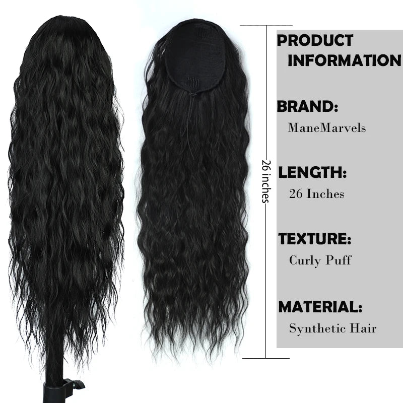 Black curly puff ponytail extension, 26 inches, synthetic hair. Mane Marvels brand.