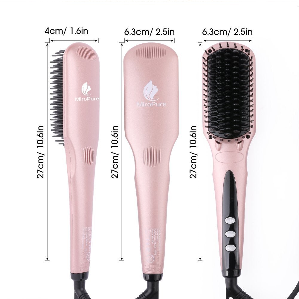 MiroPure 2-in-1 Ionic Hair Straightener Brush, showing dimensions in cm and inches.