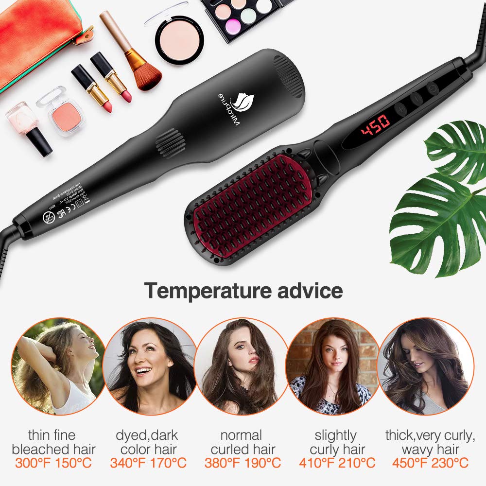 Miropure hair straightener brush with digital temperature display and temperature guide for different hair types.
