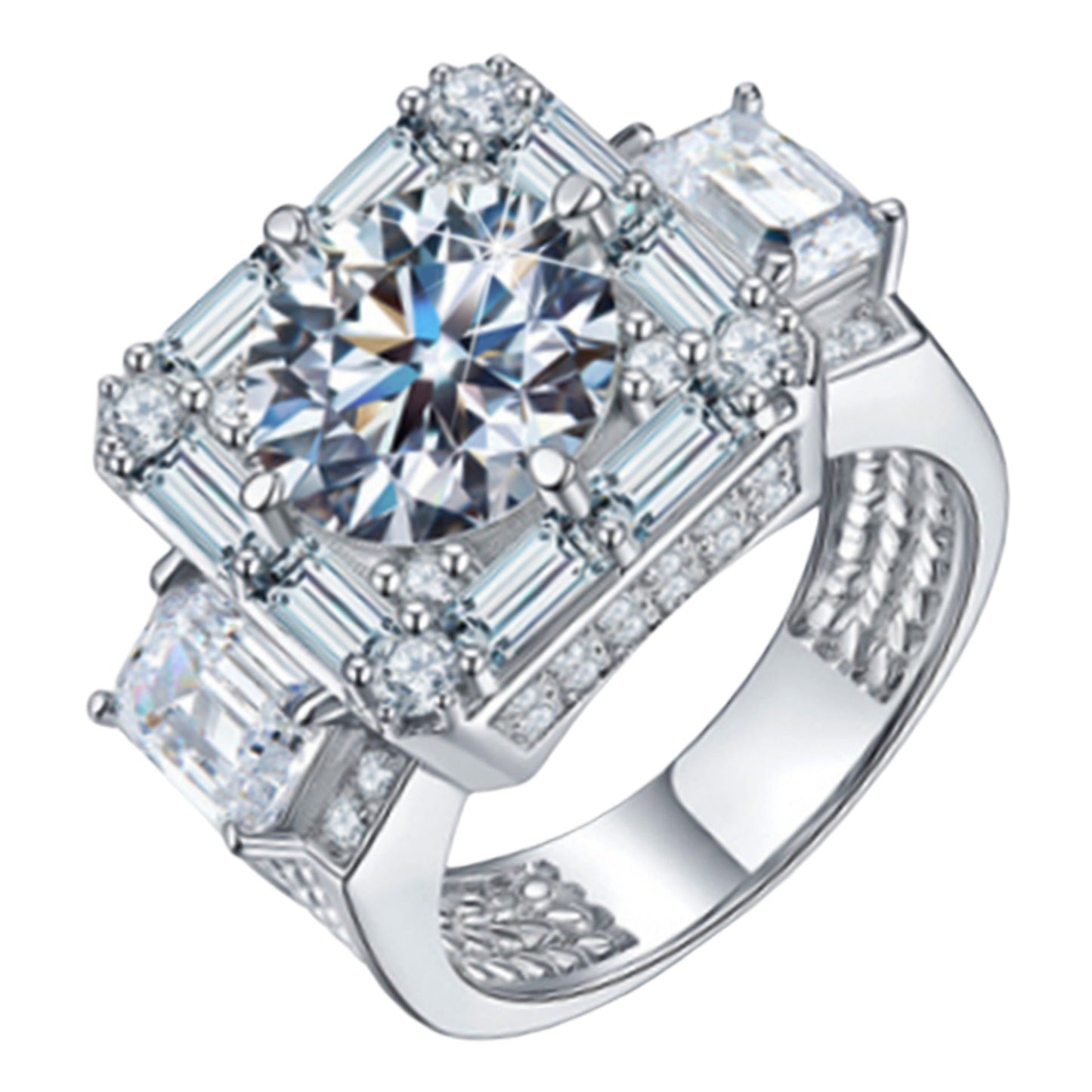 Silver ring featuring a large, round moissanite center stone surrounded by baguette and round diamonds.