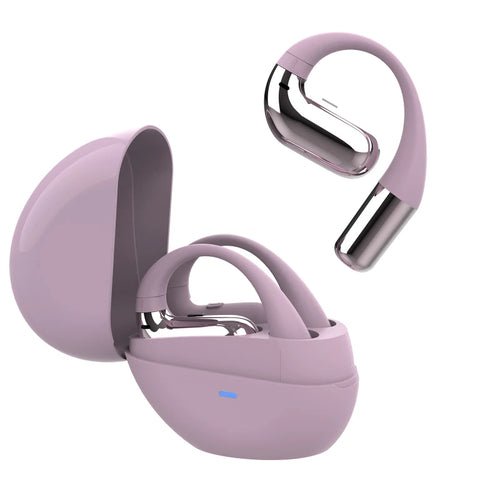 Pink open ear wireless earbuds with charging case.