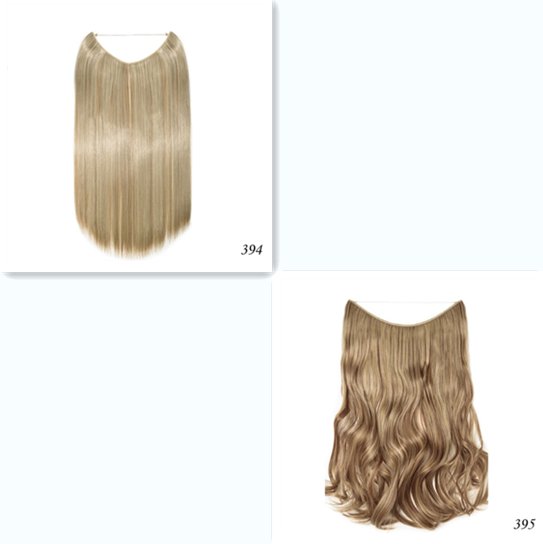 Halo hair extensions, 20 inch, synthetic, invisible wire. Straight blonde and wavy brown options.