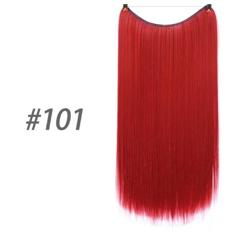 Red 20-inch halo hair extension, synthetic straight hairpiece.
