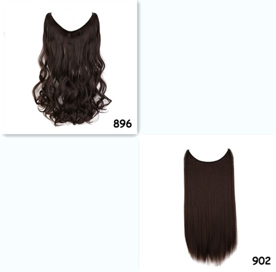 Halo hair extensions: 20-inch, dark brown, wavy and straight synthetic hairpieces. No clips, invisible wire.
