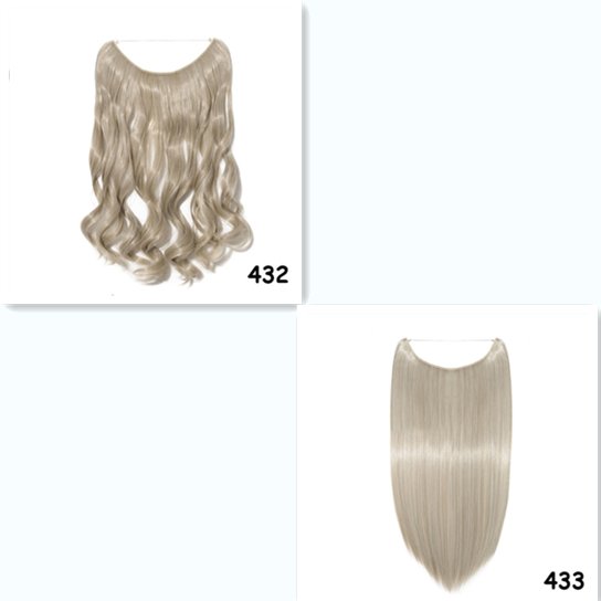 Halo hair extensions: wavy and straight styles, light blonde synthetic hair.