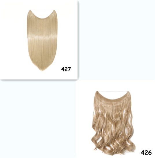 Blonde 20-inch halo hair extensions: Straight (427) and wavy (426) synthetic hairpieces.