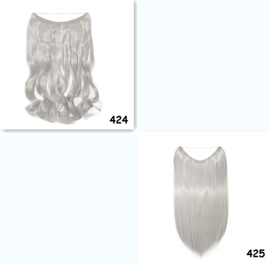 Halo hair extensions: two styles of 20-inch, no-clip, silver-gray synthetic hairpieces.