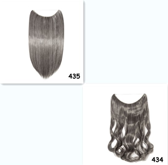 Halo hair extensions: Straight gray (435) and wavy gray (434) synthetic hairpieces with invisible wire.