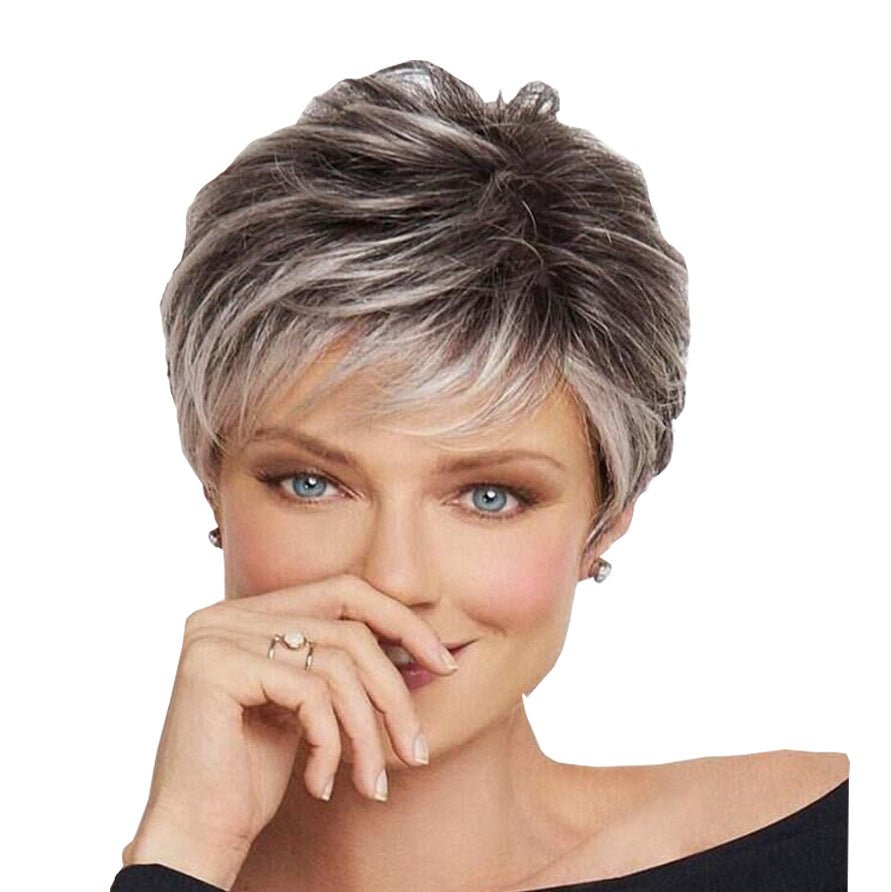 Short pixie wig with gray and white blended layers.