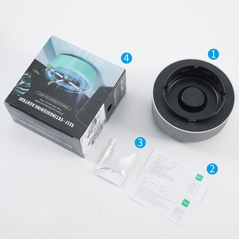 Smoke-removing ashtray with air purifier, including the ashtray, box, manual, and small pack.