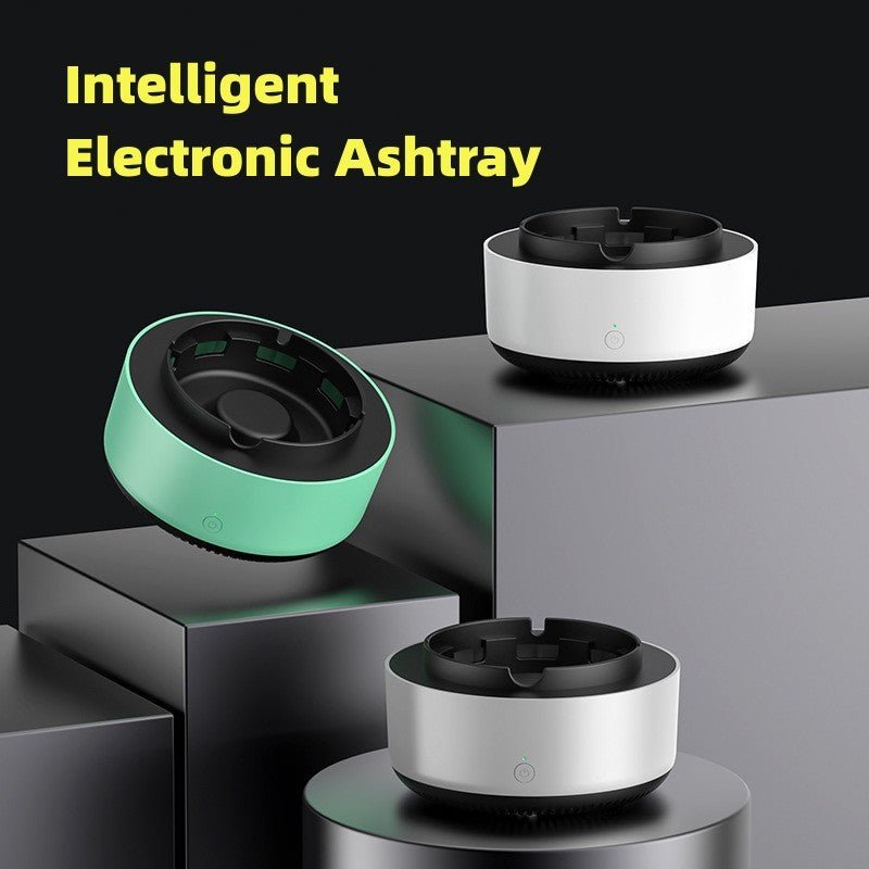 Electronic air purifier ashtray in green, white, and silver for smoke removal.