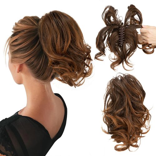 Brown claw clip ponytail extension. Easy DIY hair bun with a natural, wavy style.