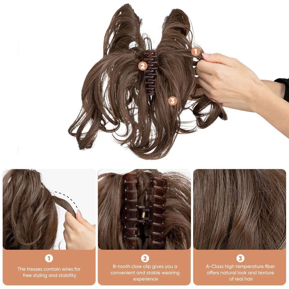 Brown claw clip ponytail hair extension. Synthetic hairpiece attaches with an 8-tooth clip for easy styling.