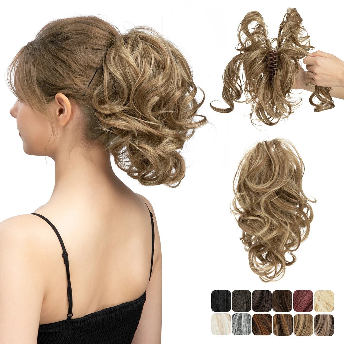 Blonde curly claw clip ponytail extension hairpiece shown on model and close-up.