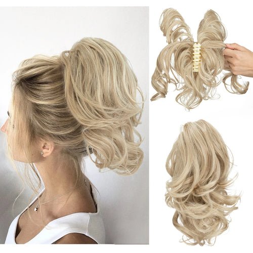 Blonde claw clip ponytail hair extension hairpiece.