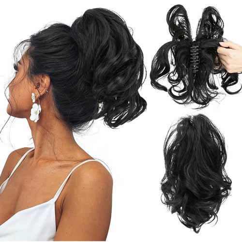 Black claw clip ponytail extension hairpiece. Voluminous updo hair bun.