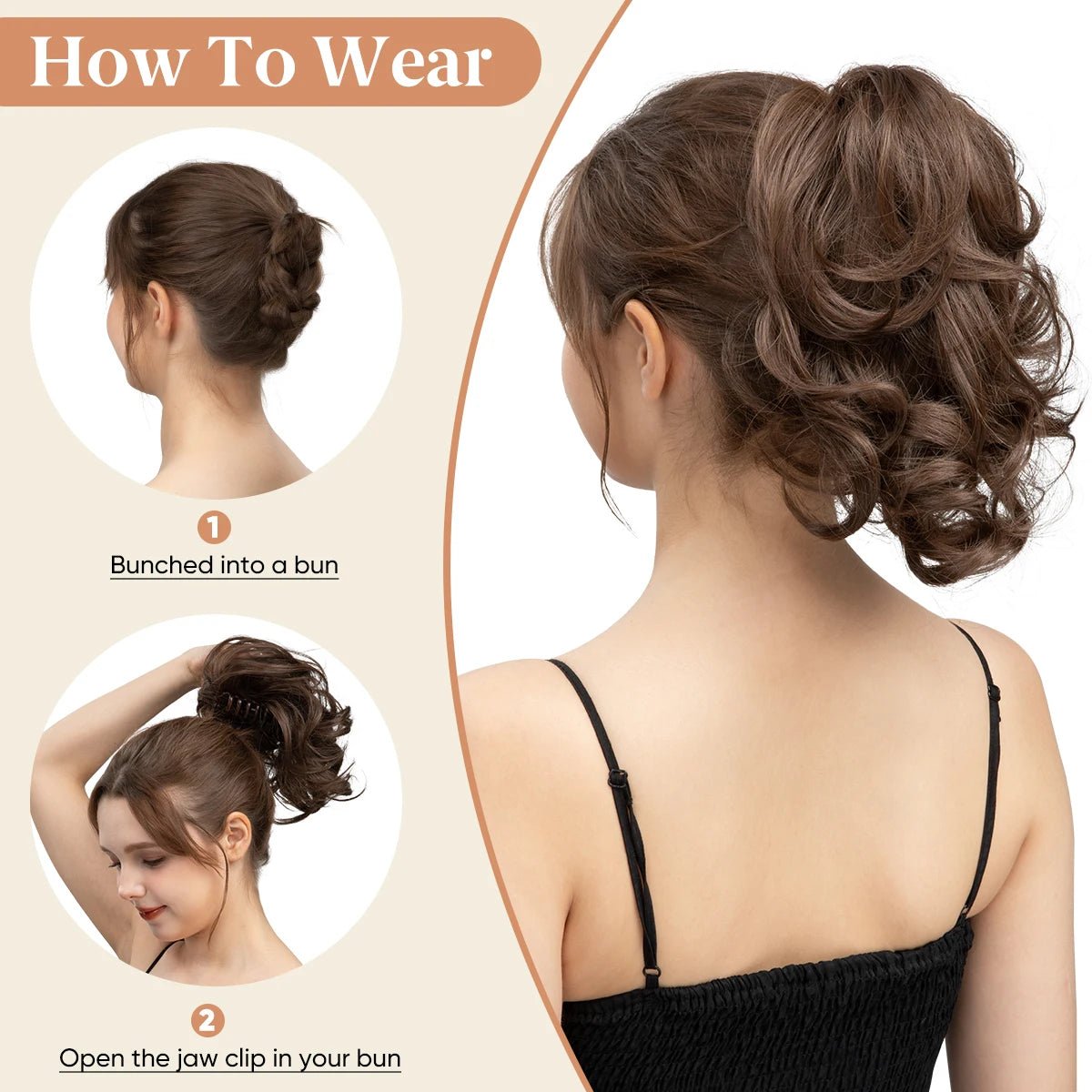 Claw clip ponytail hair extension in light brown. DIY hair bun hairpiece.
