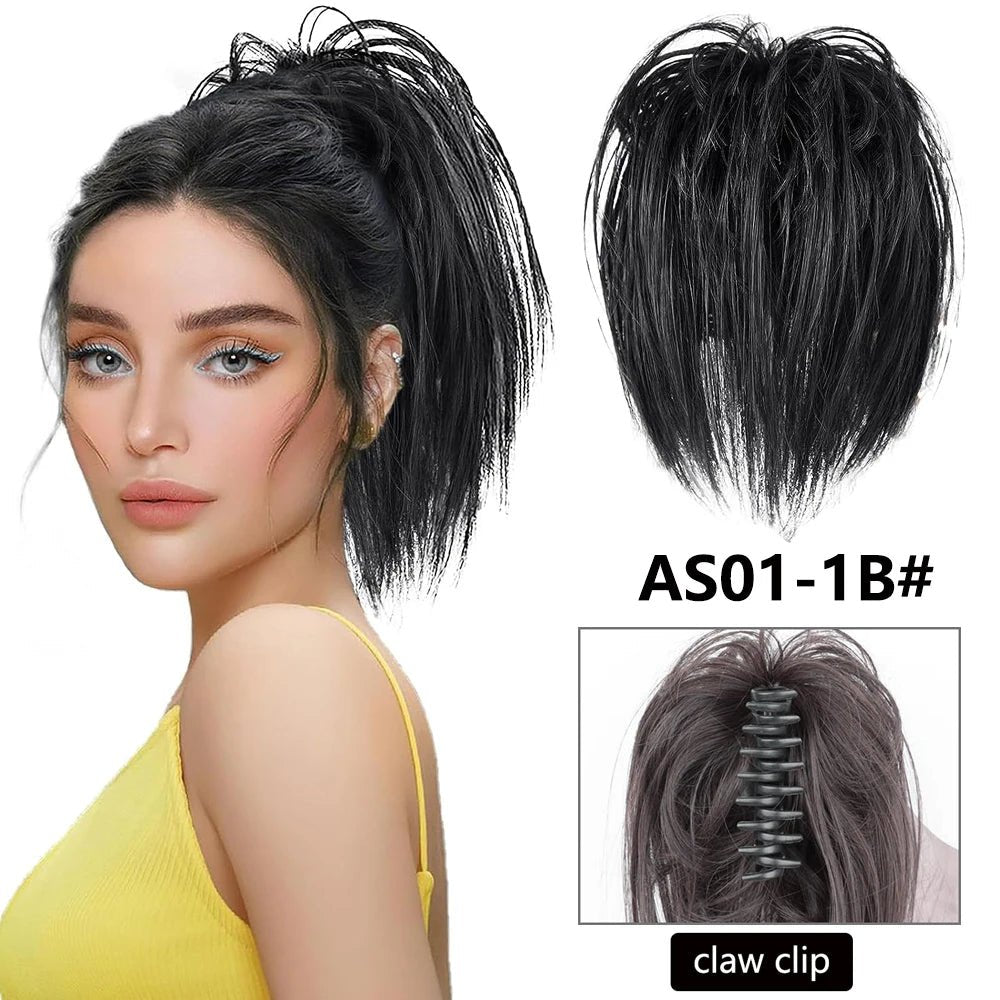 Dark brown messy curly hair bun extension with claw clip attachment. Easy chignon hairpiece.