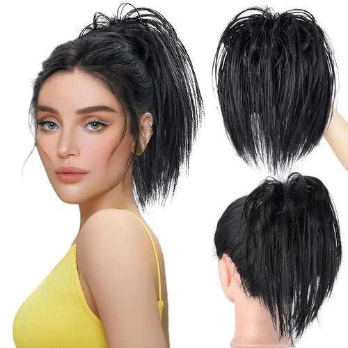 Black messy bun hairpiece. Synthetic curly scrunchy hair extension.
