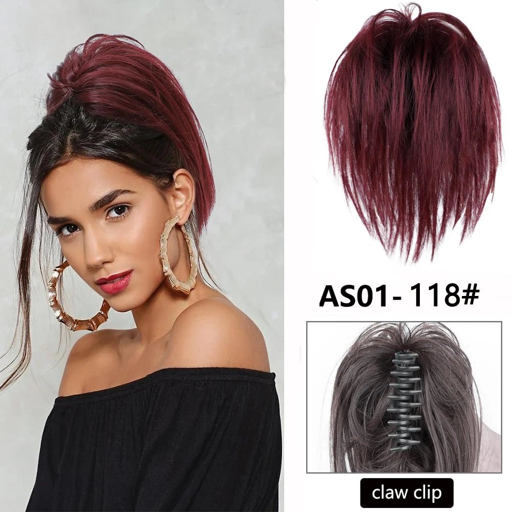 Burgundy claw clip hair bun extension. Synthetic scrunchy chignon hairpiece.