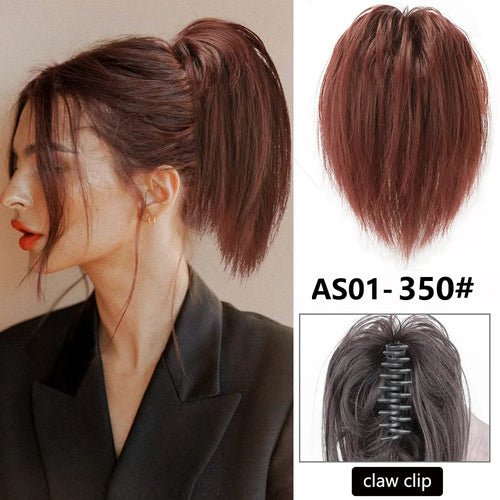 Auburn messy hair bun extension with claw clip attachment.