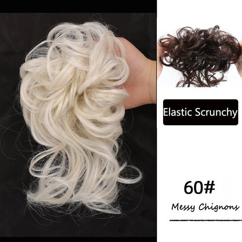 Blonde messy curly hair bun extension scrunchy. Synthetic chignon hairpiece.