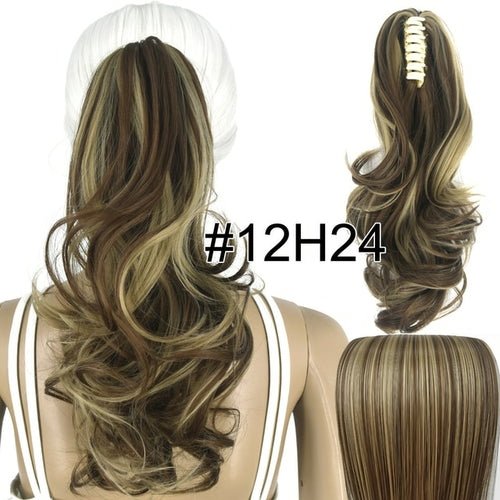 Wavy claw clip ponytail extension, 14 inch, #12H24 brown and blonde synthetic hair