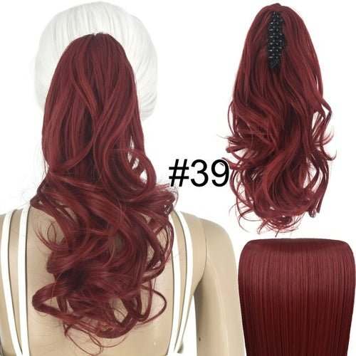 Burgundy wavy claw clip ponytail hair extension, #39, 14 inch synthetic hairpiece.