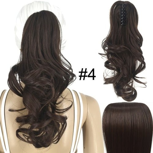 Dark brown wavy claw clip ponytail hair extension, 14 inch synthetic hairpiece.