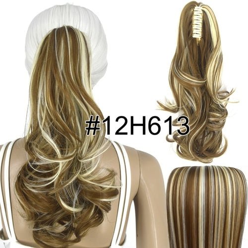 Wavy claw clip ponytail extension #12H613, 14 inch synthetic hair piece.
