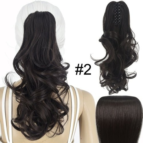 Dark brown wavy claw clip ponytail hair extension, 14-inch synthetic hairpiece.