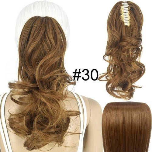 Caramel brown wavy claw clip ponytail extension, #30, 14-inch synthetic hair piece.