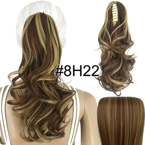 Brown & blonde wavy claw clip ponytail hair extension #8H22. Synthetic, heat resistant 14-inch hairpiece.