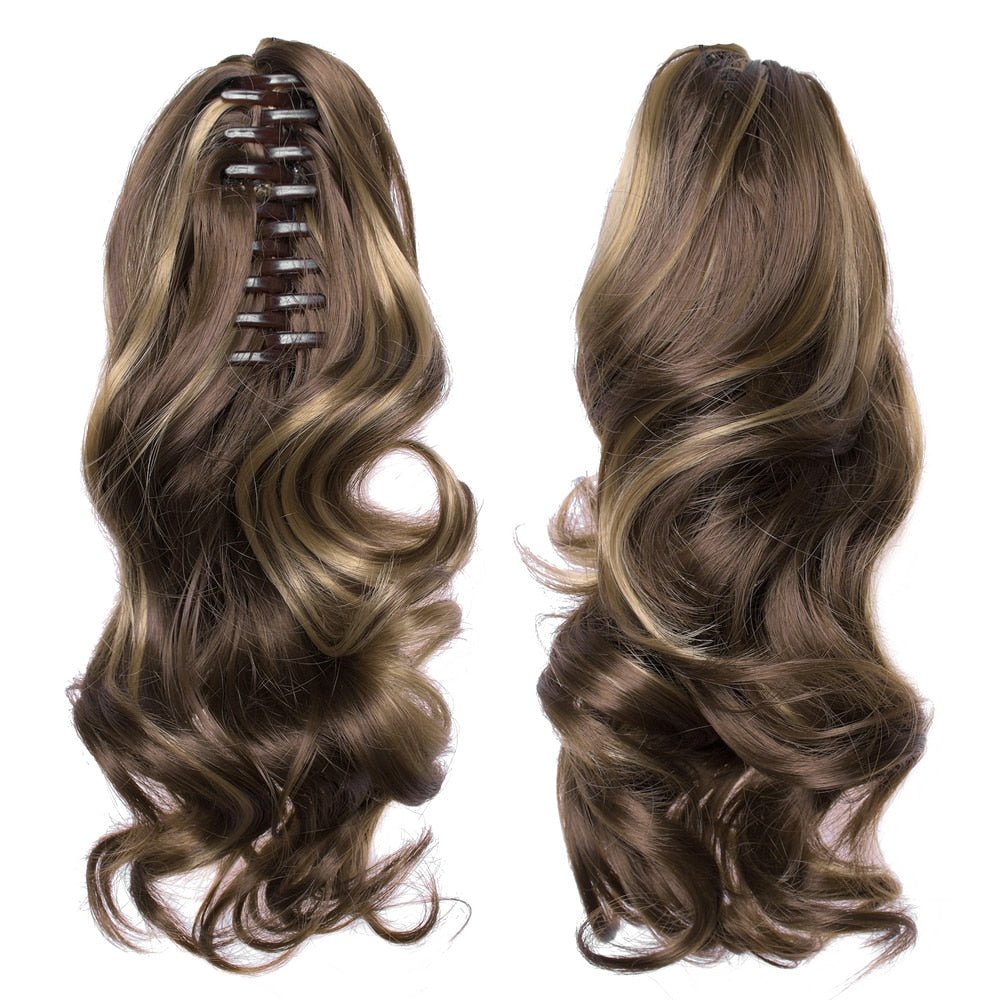 14" Wavy Claw Clip Ponytail Extension, Brown and Blonde Synthetic Hairpiece
