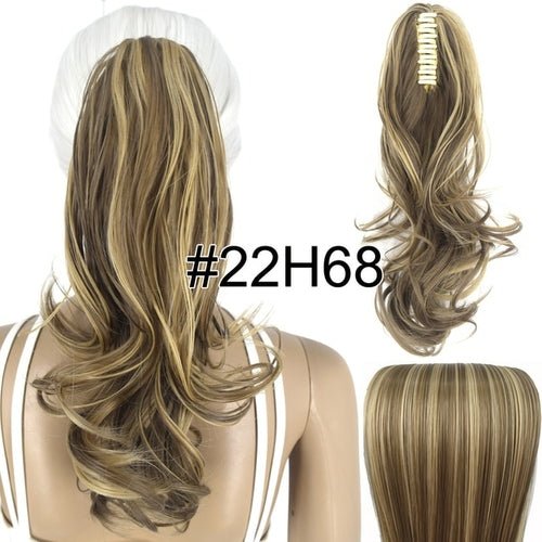 Wavy #22H68 blonde and brown synthetic hair claw clip ponytail extension, 14 inch length.