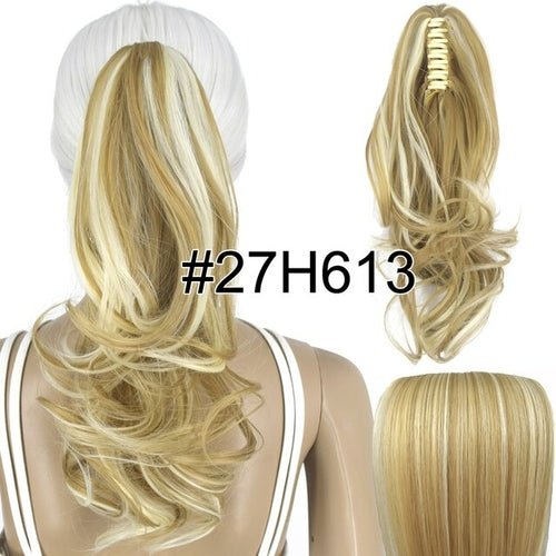 Blonde wavy claw clip ponytail extension, 14 inch synthetic hair piece.