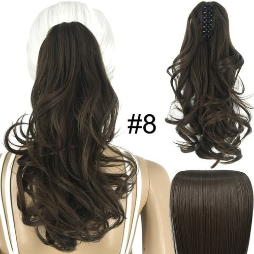 Brown wavy claw clip ponytail hair extension, synthetic 14-inch hairpiece.