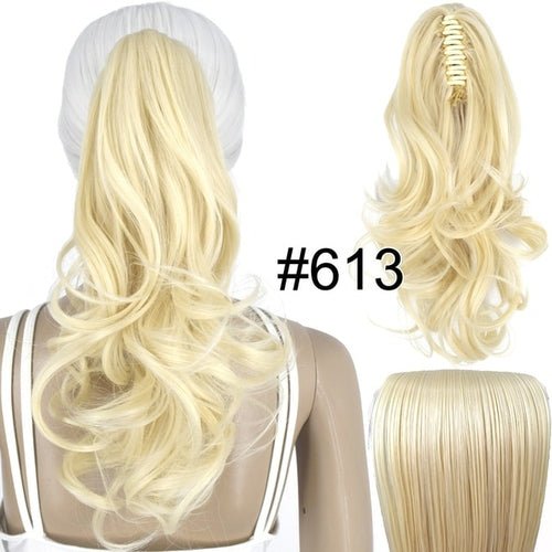 Blonde wavy claw clip ponytail extension, 14 inch synthetic hair piece.