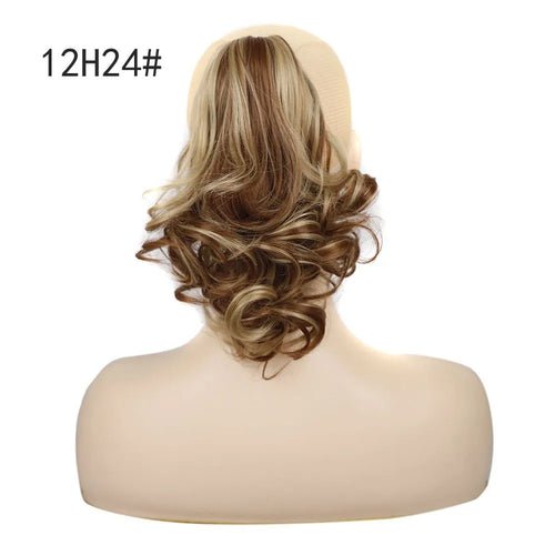 12H24# Short curly blonde and brown claw clip ponytail hair extension.