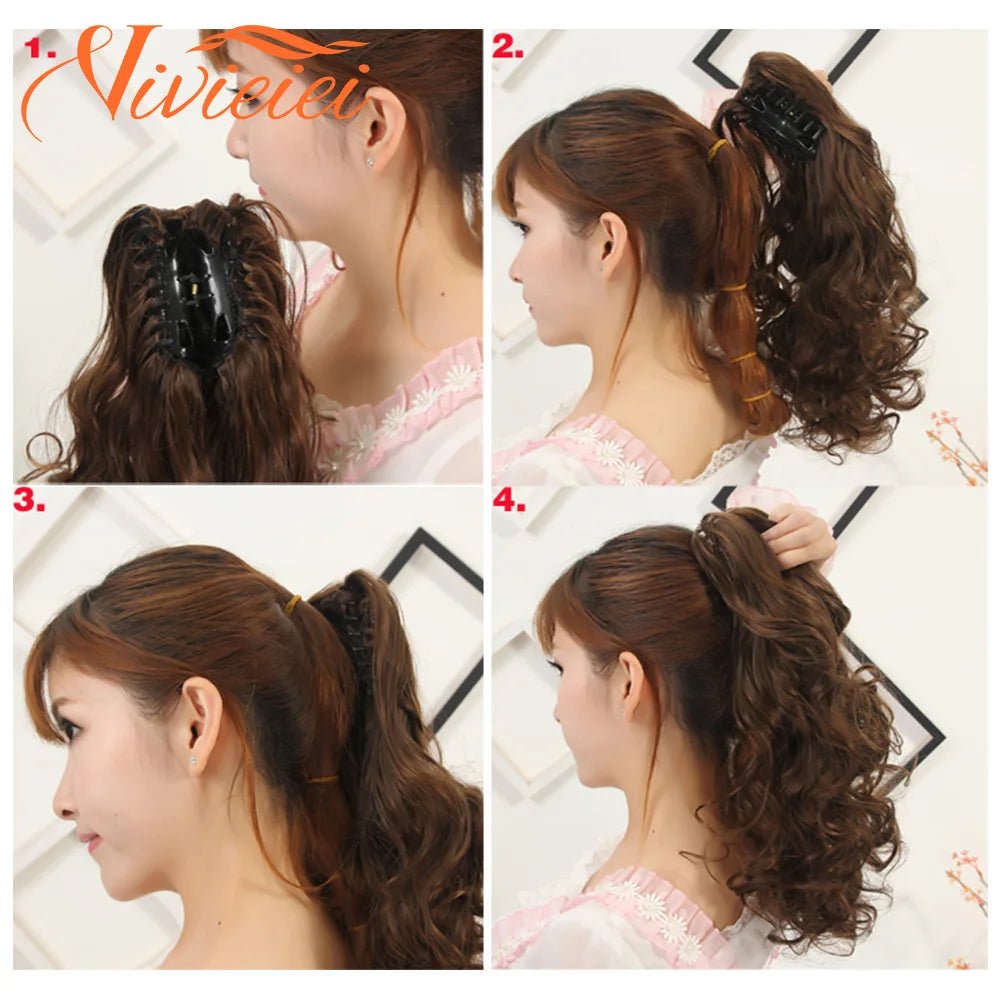 Collage showing VIVIEIEI synthetic claw clip ponytail hair extension in short curly style and a medium brown color.
